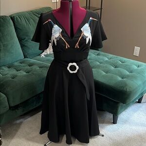 Unique Vintage Elegant Black Dress with Embroidered Crane Design | Size M
